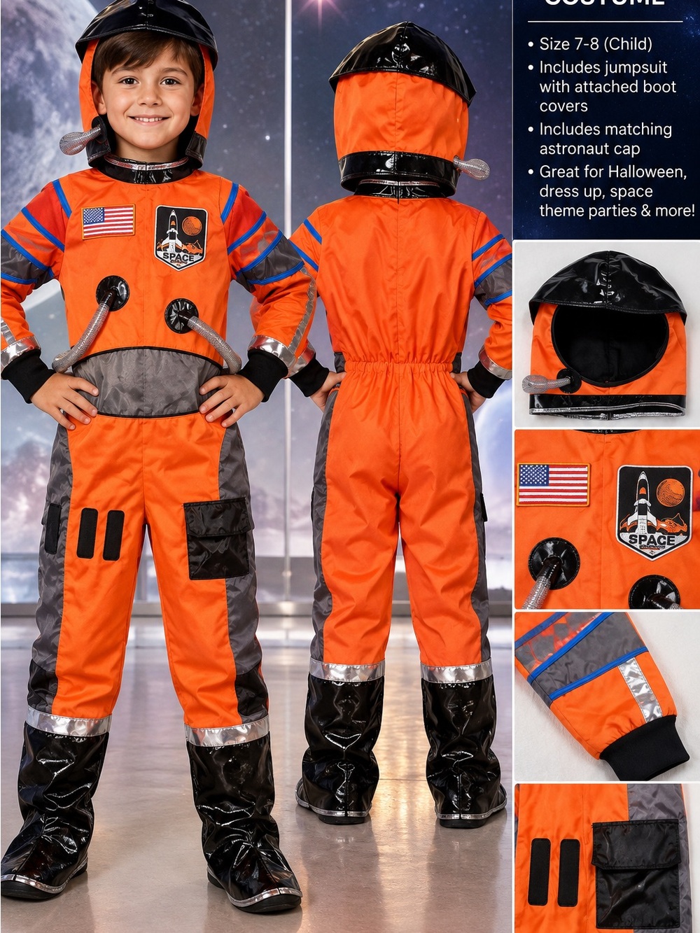 Teetot Kids Astronaut Costume Size 7-8 Orange Space Suit w/ Cap Halloween